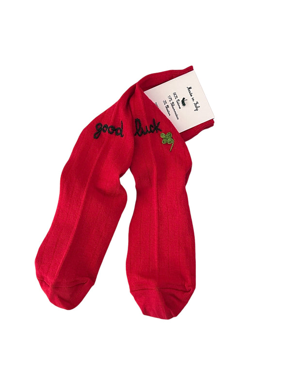 Calzini ROSSI ricamati a mano in verdone GOOD LUCK 🍀