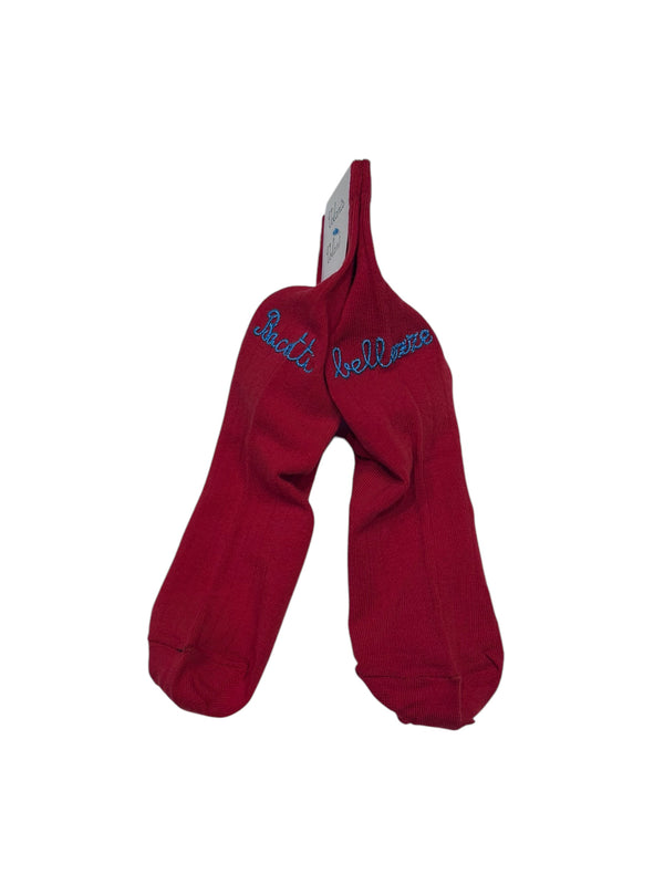 Calzini ROSSO con ricamo a mano turchese "Bacetti bellezze"