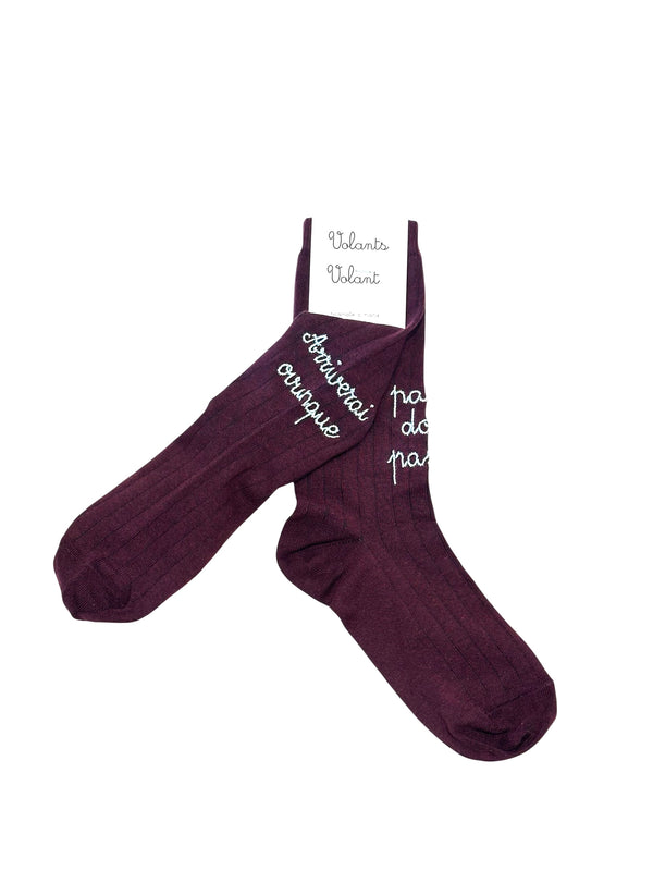Calzini BORGONA con ricamo a mano CIELO "Arriverai ovunque, passo dopo passo"