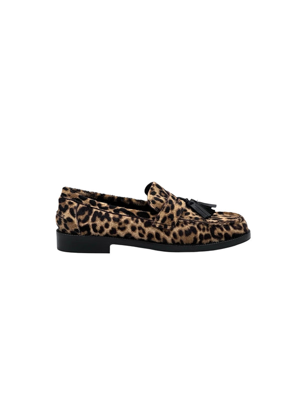 AUDREY mocassino in cavallino leopardato con nappine nere